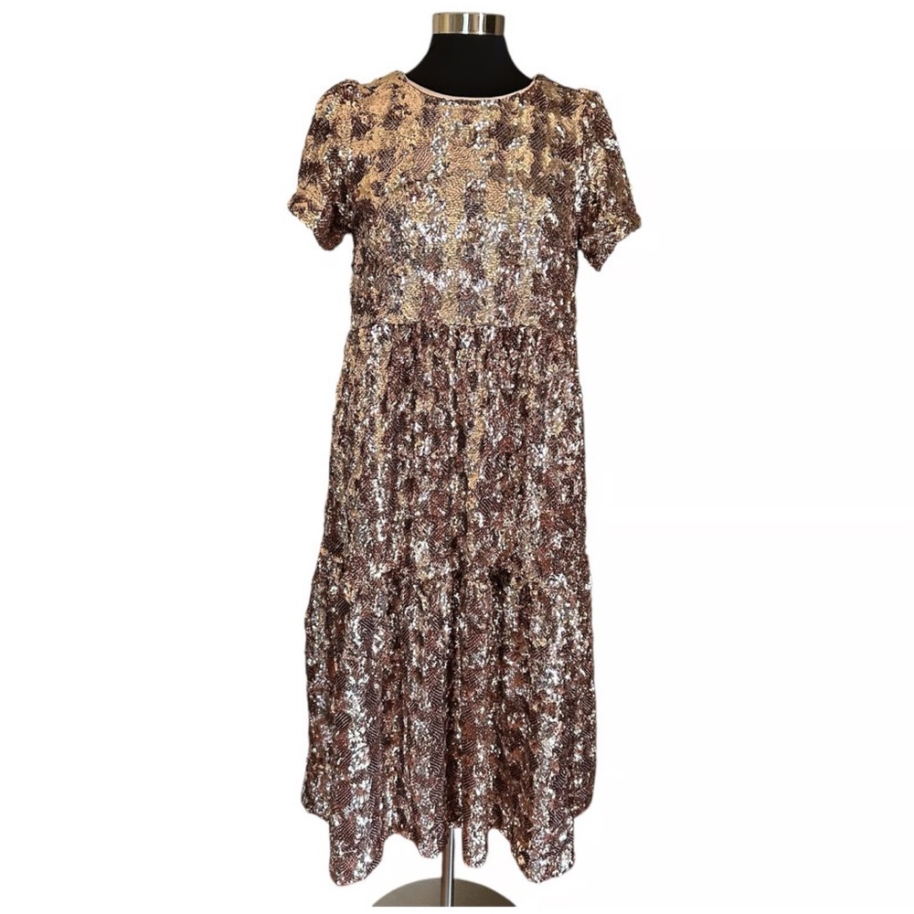 Anthropologie MAEVE Dress Womens Medium Pink Bernadette Sequin Tiered Midi NWT